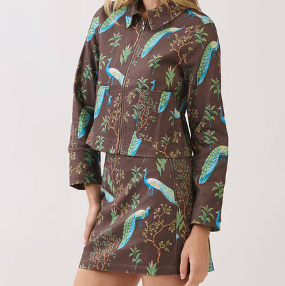 Botanical Bird Print Side ZIpper Mini Skirt