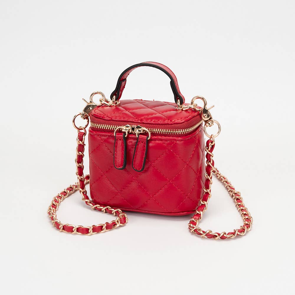 Faux Leather Quilted Top Handle Mini Vanity Box Crossbody Bag