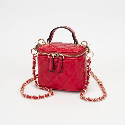 Faux Leather Quilted Top Handle Mini Vanity Box Crossbody Bag