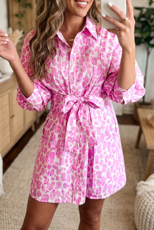 Pink Leopard- Tie Waist- Puff Sleeve Mini Shirt Dress