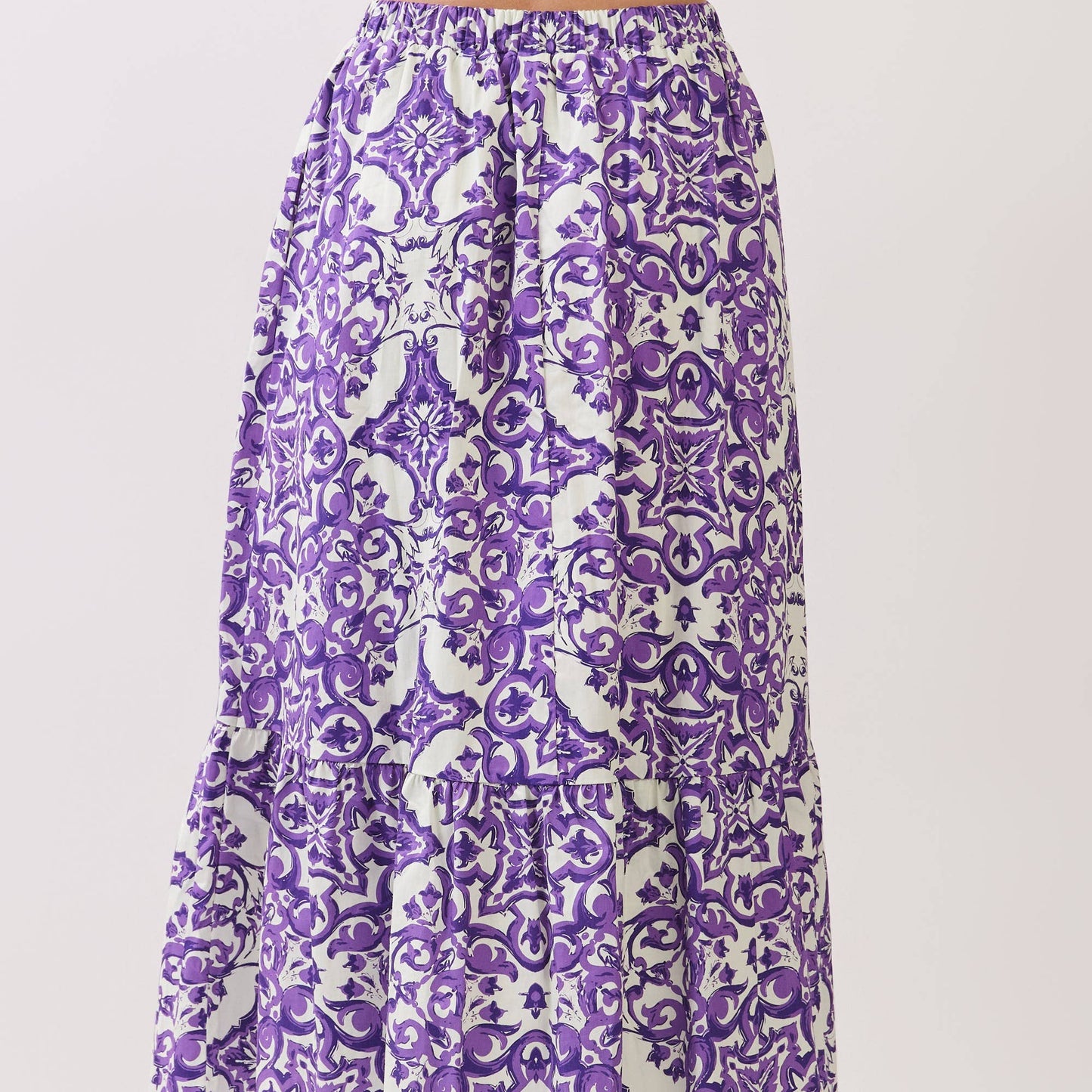 Baroque Print Tiered Midi Skirt