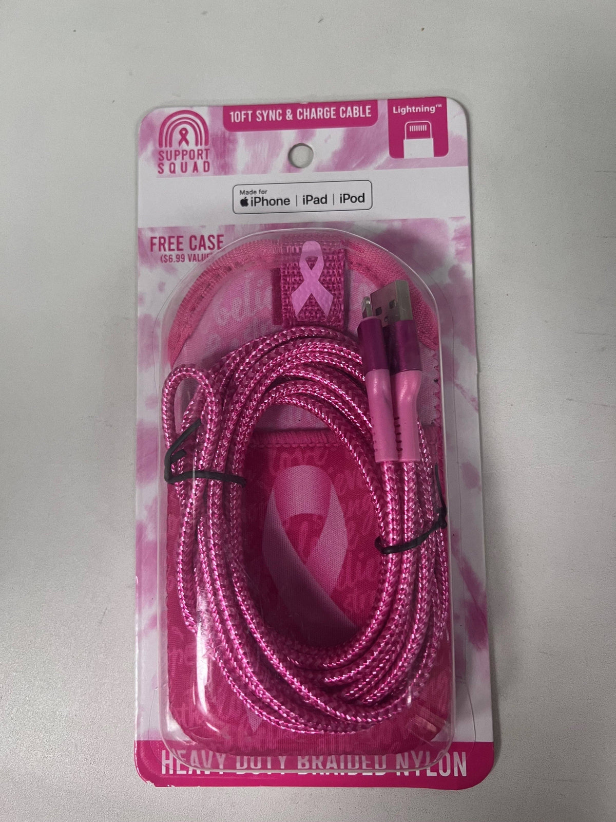 Charging Cable 10 ft USB to Lightning PINK with Case