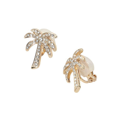 Rhinestone Pave Palm Tree Clip On Earrings