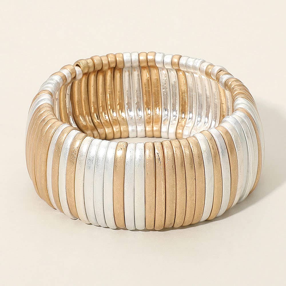 Wide Ribbed Metal Bar Stretch Bracelet