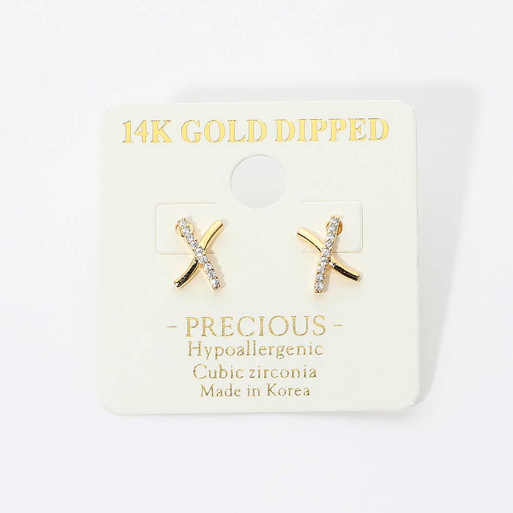 14K Gold Dipped Hypoallergenic CZ Pave X Stud Earrings