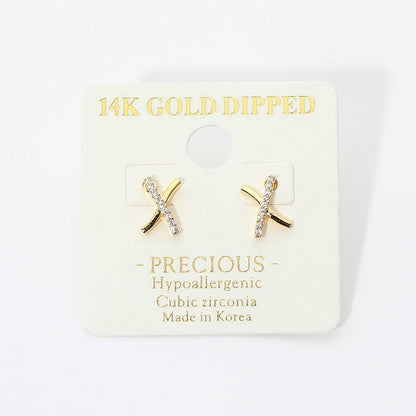 14K Gold Dipped Hypoallergenic CZ Pave X Stud Earrings