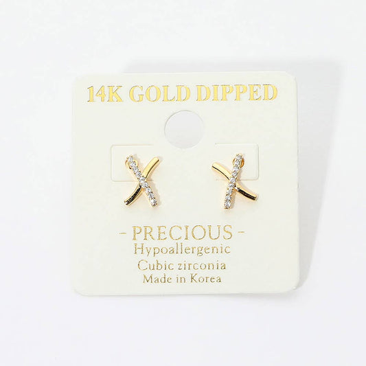 14K Gold Dipped Hypoallergenic CZ Pave X Stud Earrings