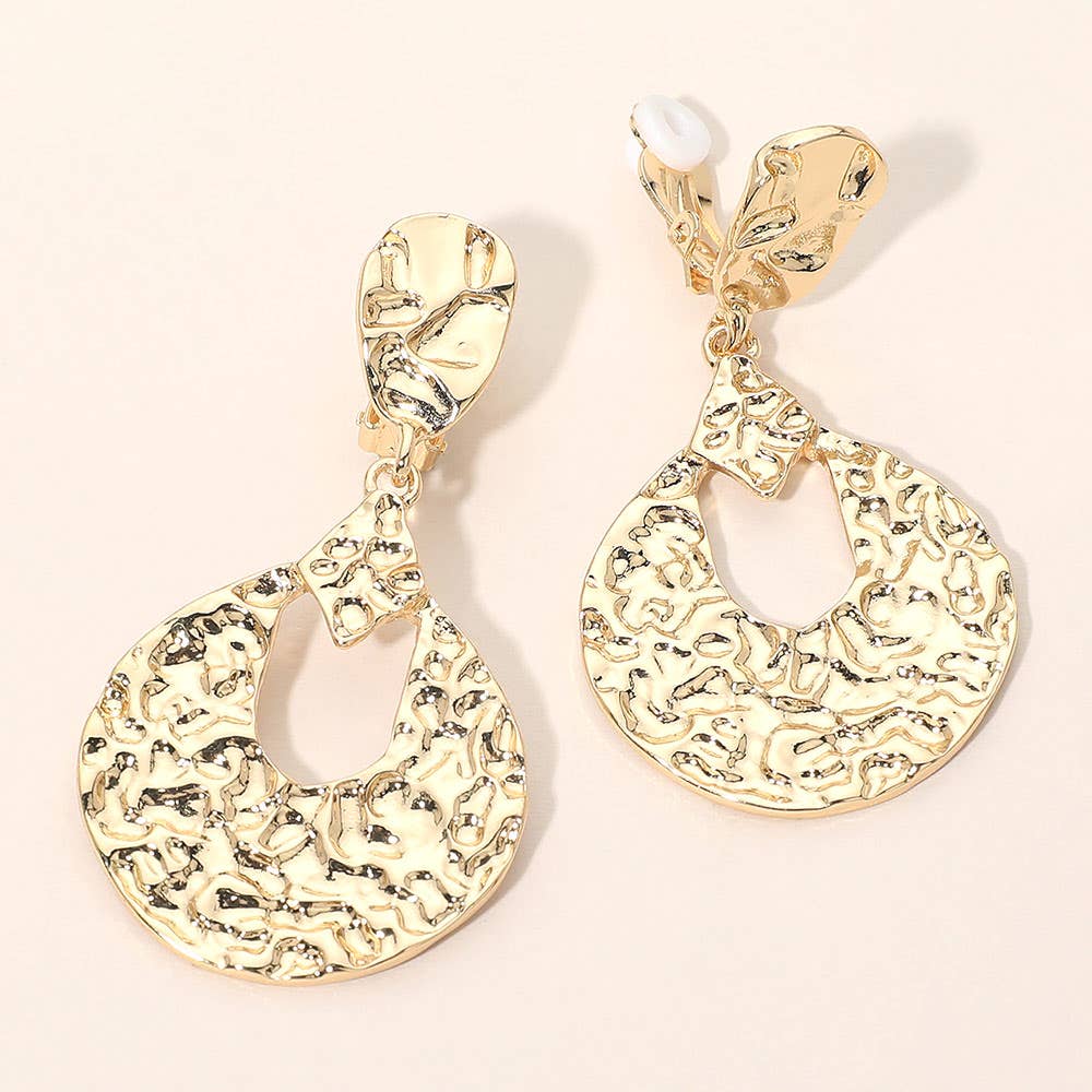 Bold Textured Metal Teardrop Drop Clip On Earrings