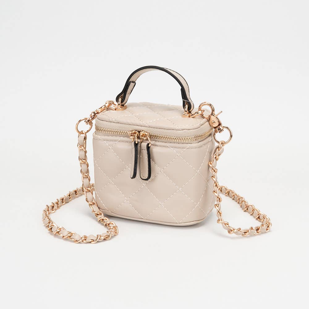 Faux Leather Quilted Top Handle Mini Vanity Box Crossbody Bag