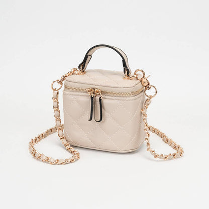Faux Leather Quilted Top Handle Mini Vanity Box Crossbody Bag