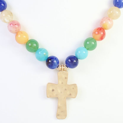 Kathryn Hammered Cross Beaded Necklace by Caroline Hill