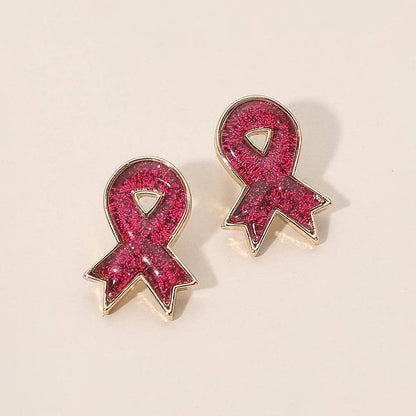Glitter Pink Ribbon Stud Earrings