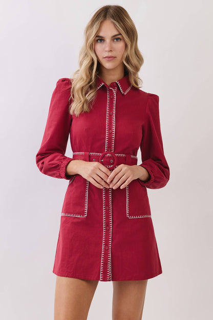Whipstitch Belted Waist Shirt Dress