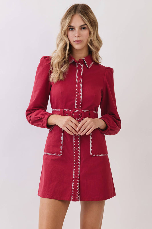 Whipstitch Belted Waist Shirt Dress