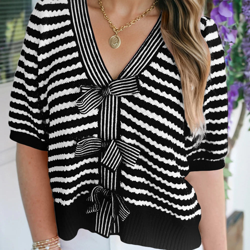 Black Stripe Short Sleeve Knit V Neck Bow Knot Sweater