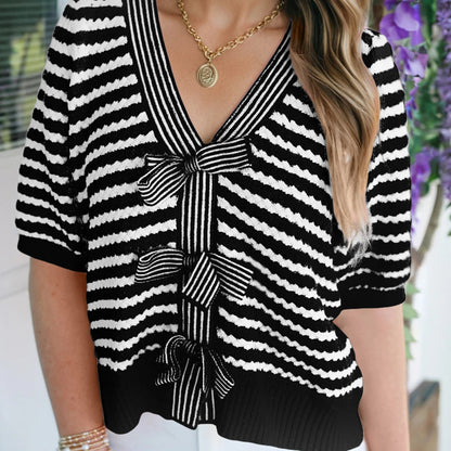 Black Stripe Short Sleeve Knit V Neck Bow Knot Sweater
