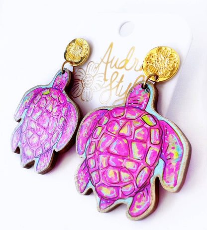 Pink Sea Turtle Dangle Earring Coastal Beach Spring Summer