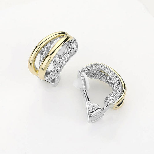 14K Gold Plated Two Tone Crisscross Clip On Earrings