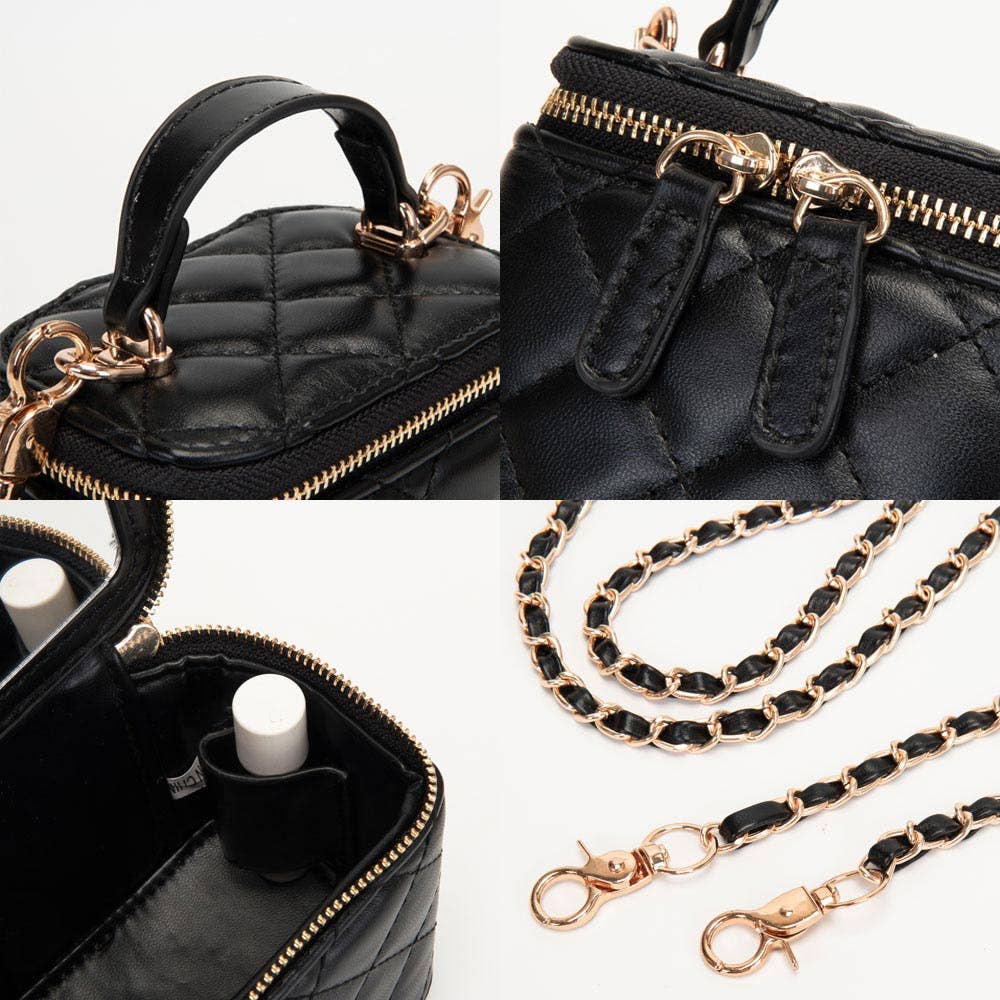 Faux Leather Quilted Top Handle Mini Vanity Box Crossbody Bag
