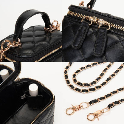 Faux Leather Quilted Top Handle Mini Vanity Box Crossbody Bag