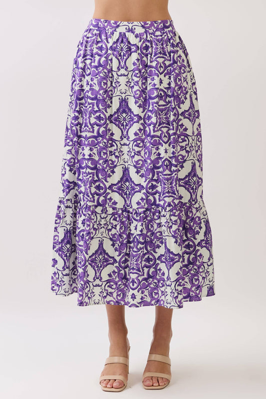 Baroque Print Tiered Midi Skirt