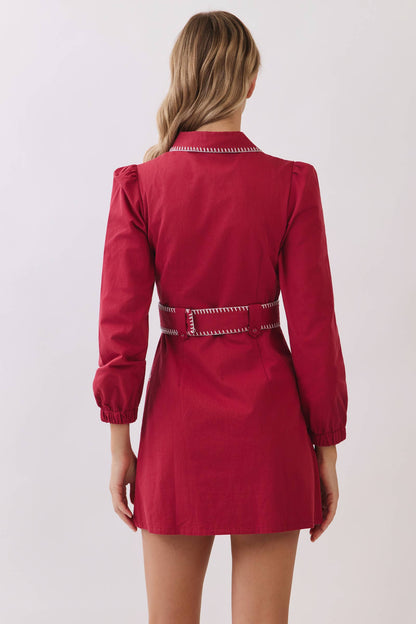 Whipstitch Belted Waist Shirt Dress