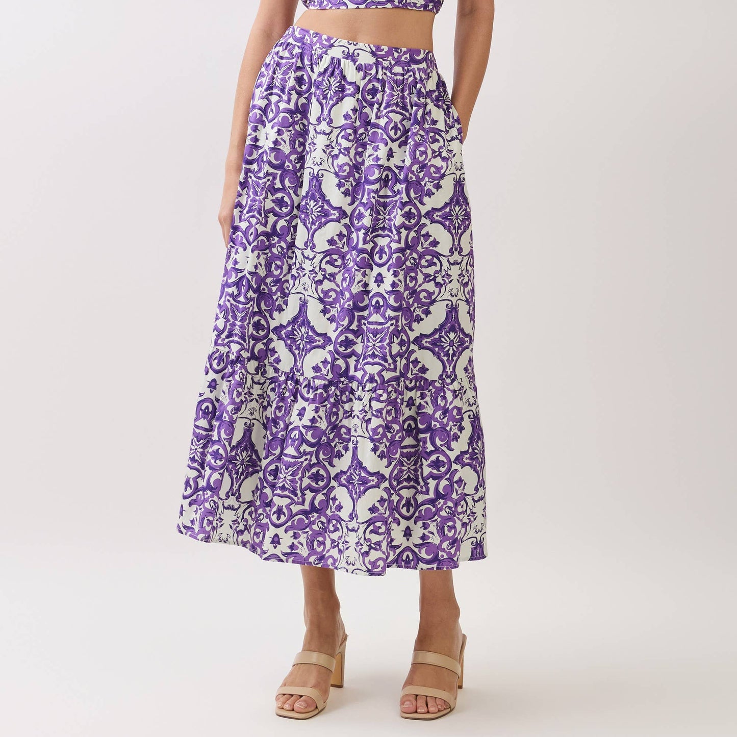 Baroque Print Tiered Midi Skirt