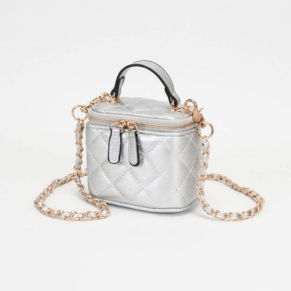 Faux Leather Quilted Top Handle Mini Vanity Box Crossbody Bag