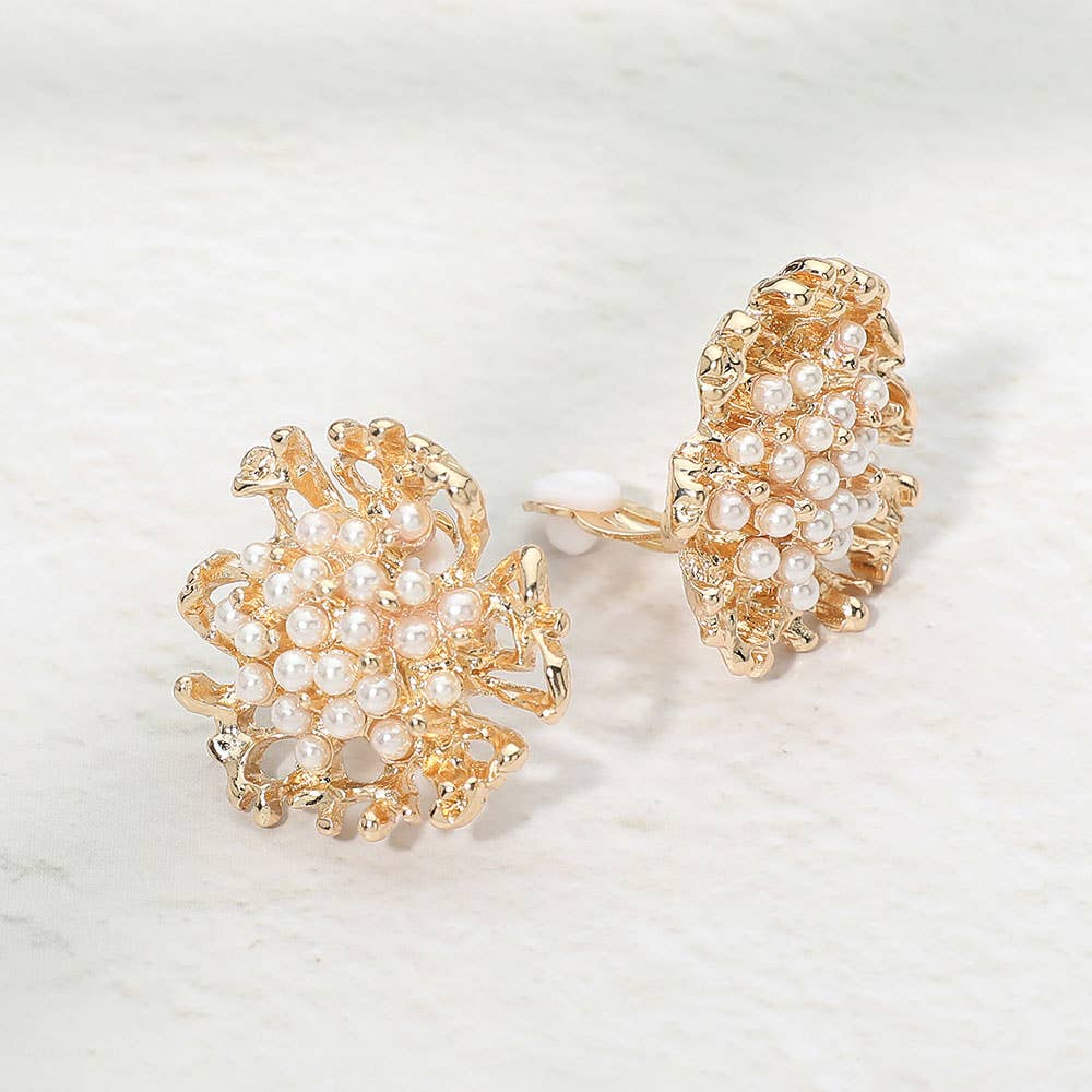 Pearl Cluster Floral Clip On Earrings