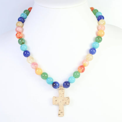 Kathryn Hammered Cross Beaded Necklace by Caroline Hill