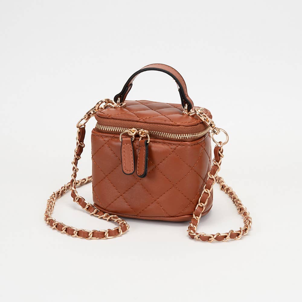 Faux Leather Quilted Top Handle Mini Vanity Box Crossbody Bag