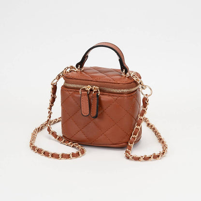 Faux Leather Quilted Top Handle Mini Vanity Box Crossbody Bag