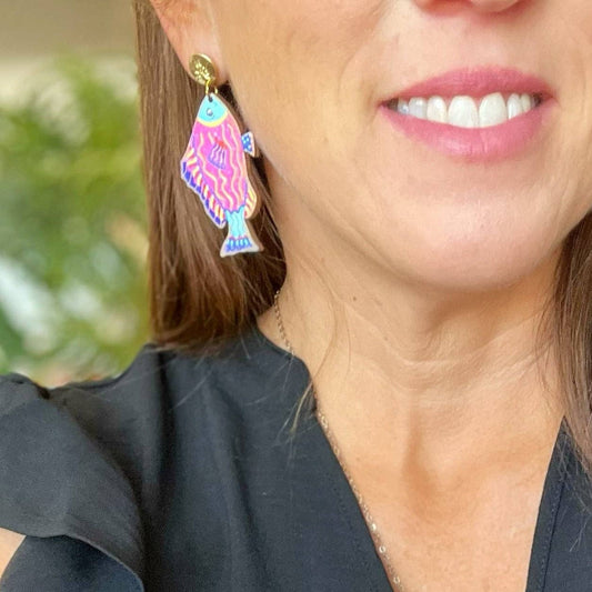 Pink Colorful Fish Dangle Earring Coastal Beach Spring Summer