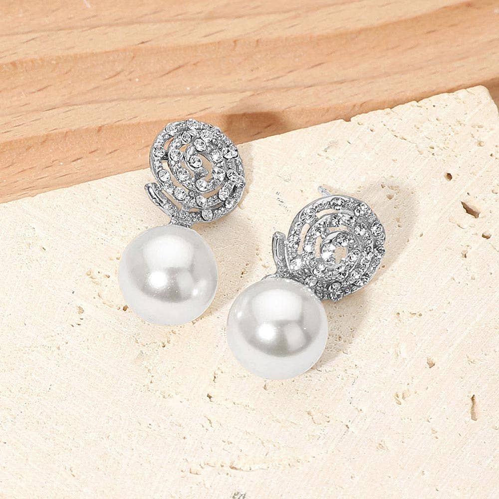 Crystal Pave Swirl Pearl Drop Earrings