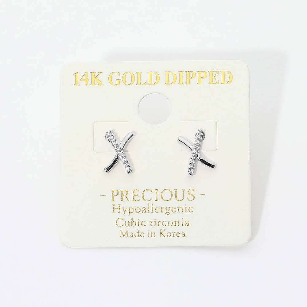 14K Gold Dipped Hypoallergenic CZ Pave X Stud Earrings
