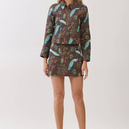 Botanical Bird Print Side ZIpper Mini Skirt