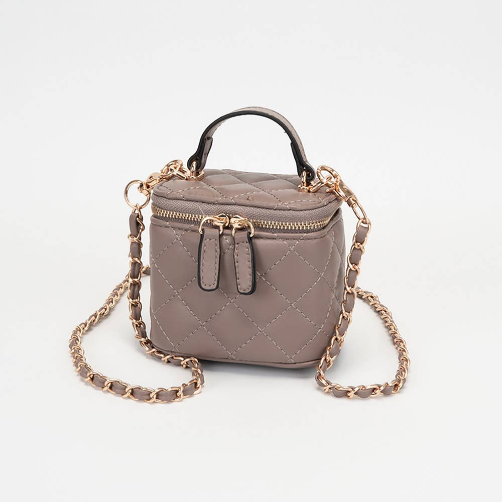 Faux Leather Quilted Top Handle Mini Vanity Box Crossbody Bag