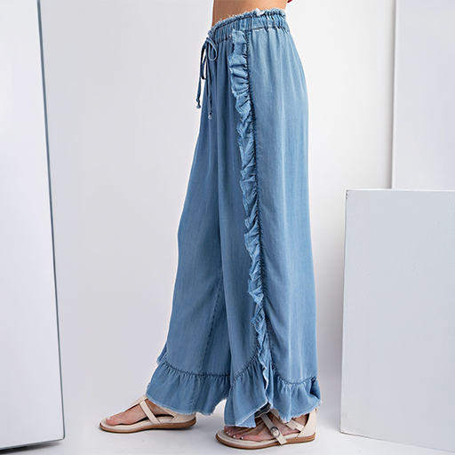 Sassy Ruffle Chambray Loose Fit Pants