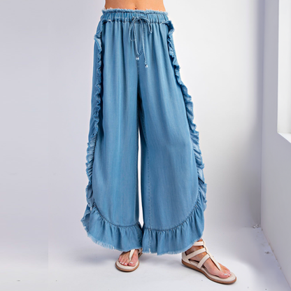 Sassy Ruffle Chambray Loose Fit Pants