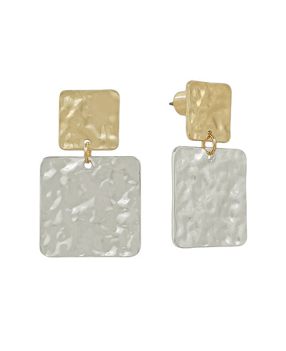 Double Square Hammered Metal Texture Post Earring - 1.2"