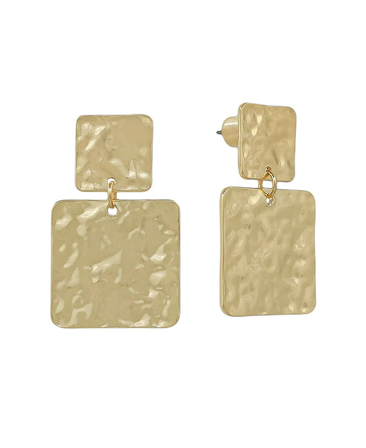 Double Square Hammered Metal Texture Post Earring - 1.2"
