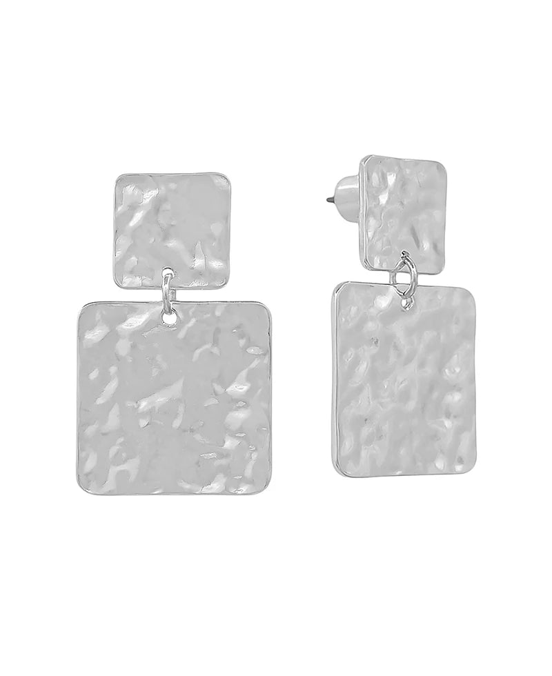 Double Square Hammered Metal Texture Post Earring - 1.2"