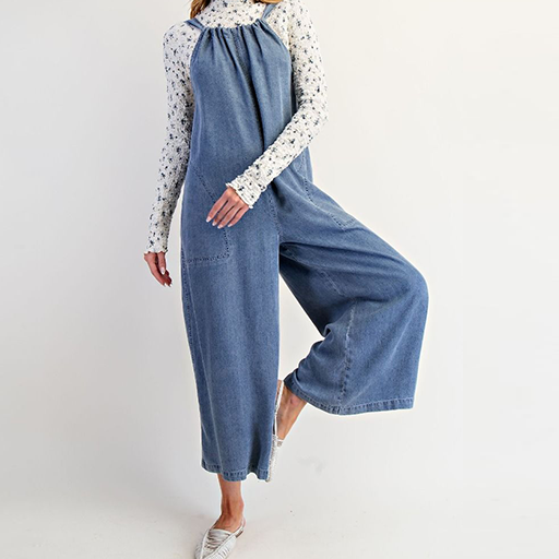Wide Legs Washed Denim Overalls