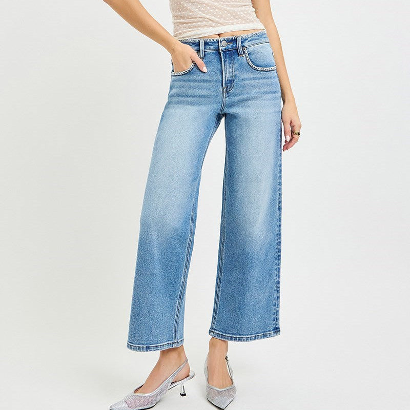 High Rise Crop Jeans w/ Embroidered Details by Risen