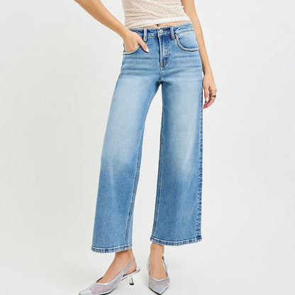 High Rise Crop Jeans w/ Embroidered Details by Risen