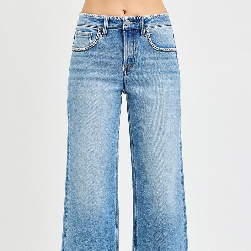 High Rise Crop Jeans w/ Embroidered Details by Risen