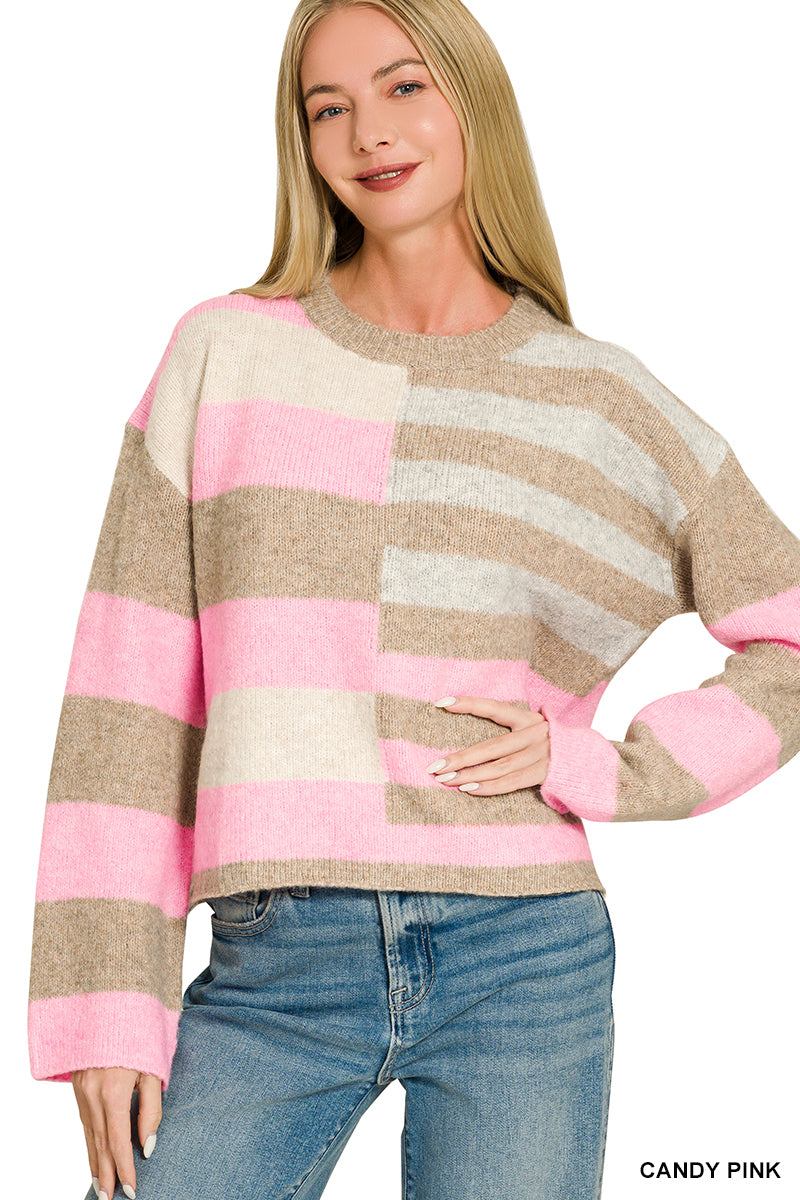 Lightweight Wool Blend Color Block Sweater by Zenana