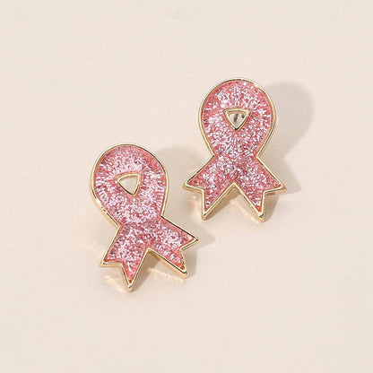 Glitter Pink Ribbon Stud Earrings