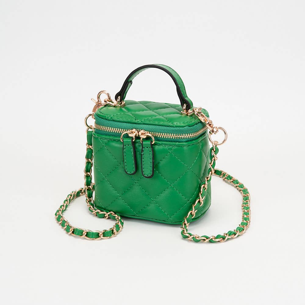 Faux Leather Quilted Top Handle Mini Vanity Box Crossbody Bag