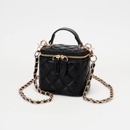 Faux Leather Quilted Top Handle Mini Vanity Box Crossbody Bag